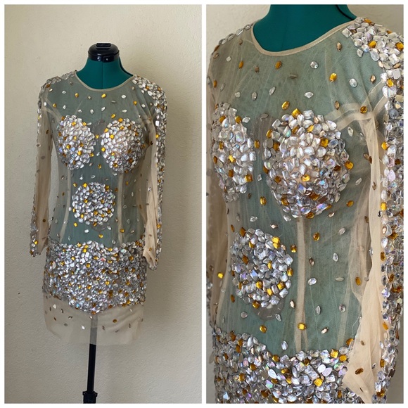 Vintage Dresses & Skirts - SOLD Beige Nude Sheer Crystal Dress Size M/L